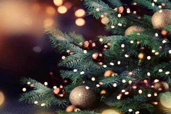 Albero di Natale decorato con luci e palline dorate.